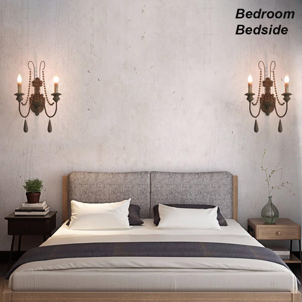 Wandleuchte Kerze Vintage, Wandlampe Landhausstil Flur | Wandbeleuchtung Landhausstil Holz Akzent Innenbeleuchtung Retro Rustikal Wohnzimmer Flur Eingang(Brown,2 light)