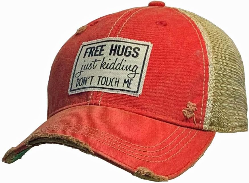 VINTAGE LIFE Free Hugs Just Kidding Don't Touch Me Distressed Trucker Cap, One Size, Headwear Accessories Light Red