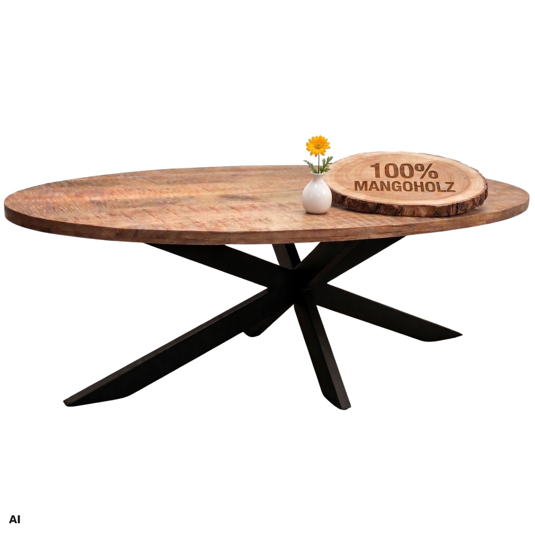 MR. DEKO Esstisch Avola Mango Cross Gestell oval 180x90 cm | Esszimmertisch für 4 Personen | Großer Design Holztisch | Runder Tisch stabil