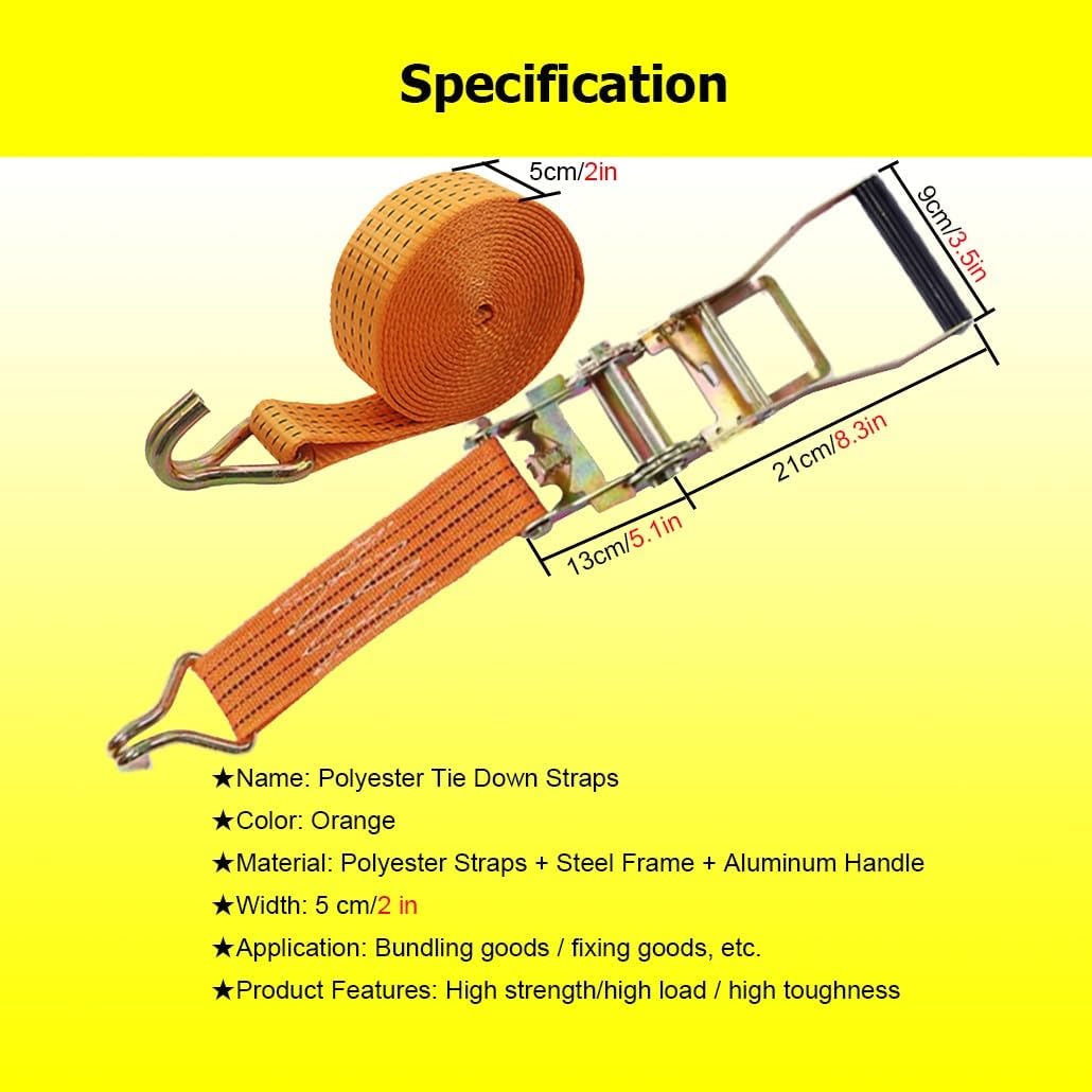 9.8-65.6 Ft Ratchet Tie Down Straps for Moving Appliances, Cargo Lashing Strap with Double J Hook, Load up to 13227 Lbs(Oranje,8.0m/26.2Ft)