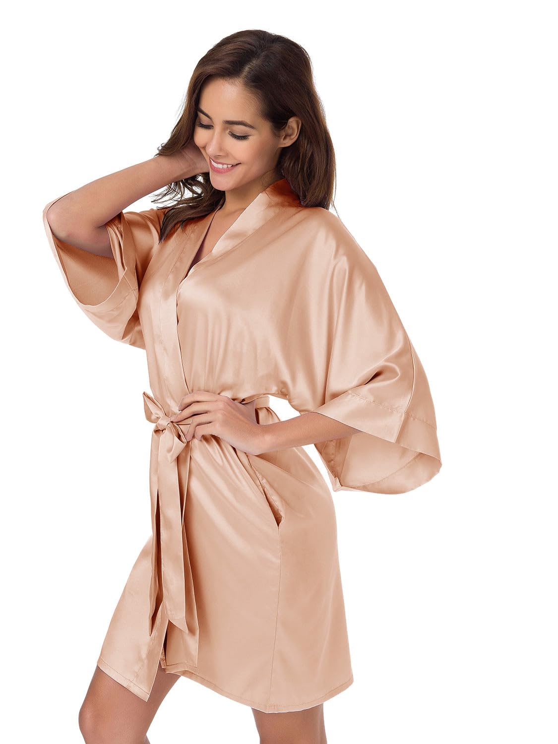 SIORO Womens Satin Robe Short Bathrobe with V-Neck 3 4 Sleeves Robe for Bride Bridesmaids Wedding Party Sleepwear