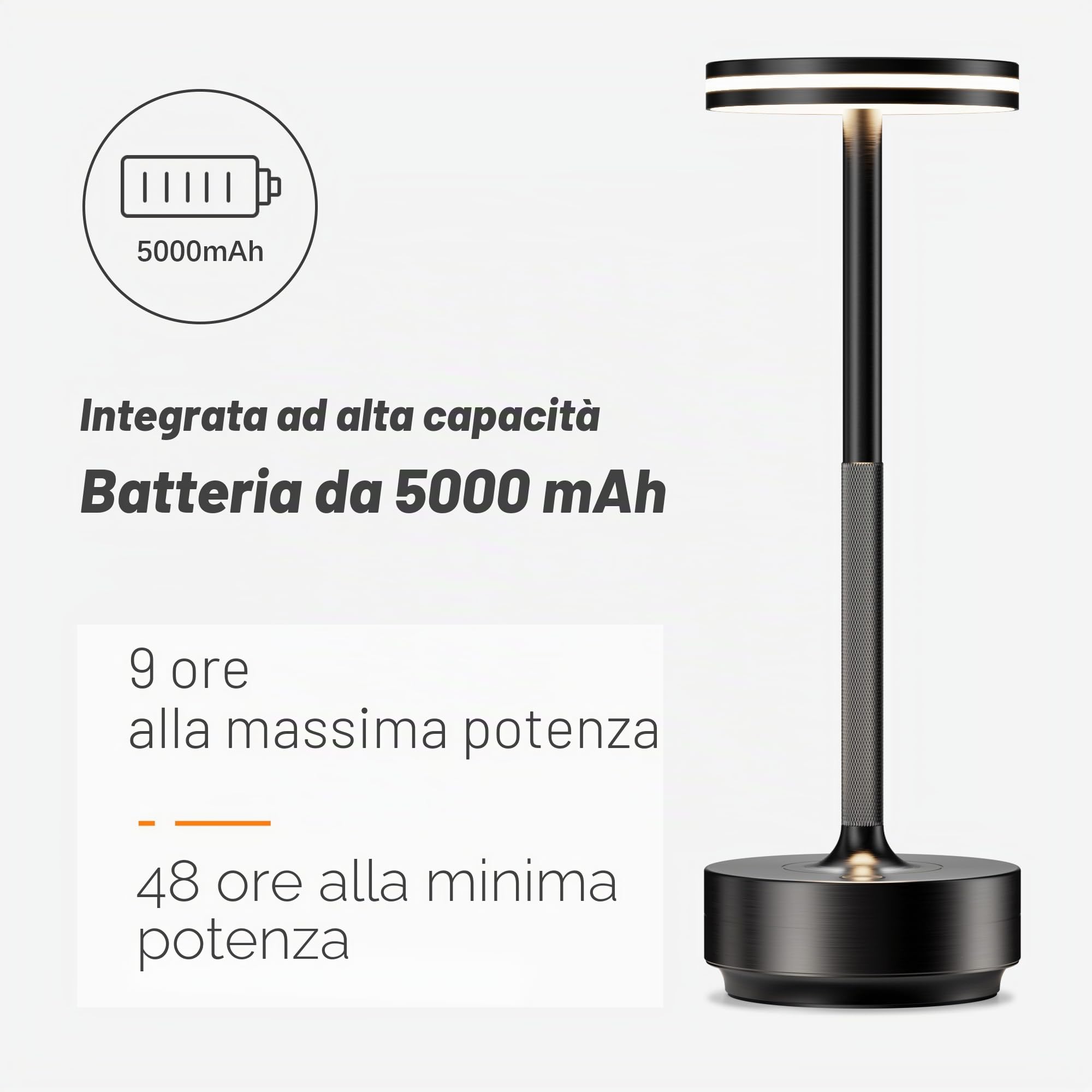 Lampada da Tavolo Ricaricabile LED 5000mAh Senza Fili,Ristorante | Eye-Protect Luce a USB Batteria Dimmerabile,Impermeabile,3 Modalità di Colore,per Camera da letto/Sala da pranzo(Nero)