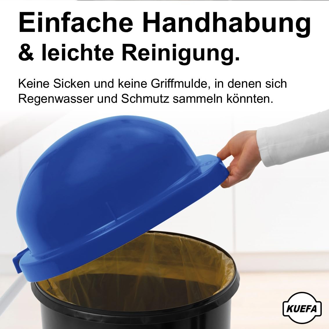KUEFA HD 60L Müllsackständer Mülleimer mit Scharnierdeckel und Klemm-Ring Gelber Sack Blau