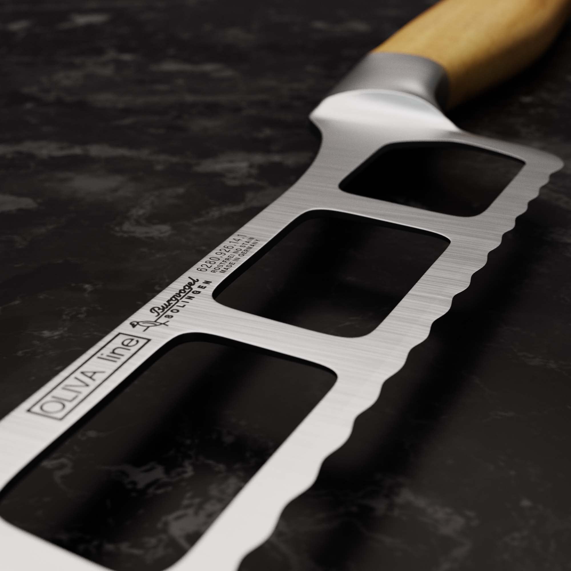 Burgvogel Solingen Käsemesser 14 cm geschmiedet Olivenholz, Oliva Line, Rillenwelleschliff, rostfrei, hell, scharf, 6280.926.14.1, braun beige