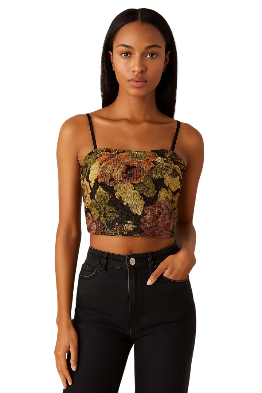 Floral Print Crop Top Camisole, Black with Vintage Rose Pattern, Adjustable Straps for Women-image-0