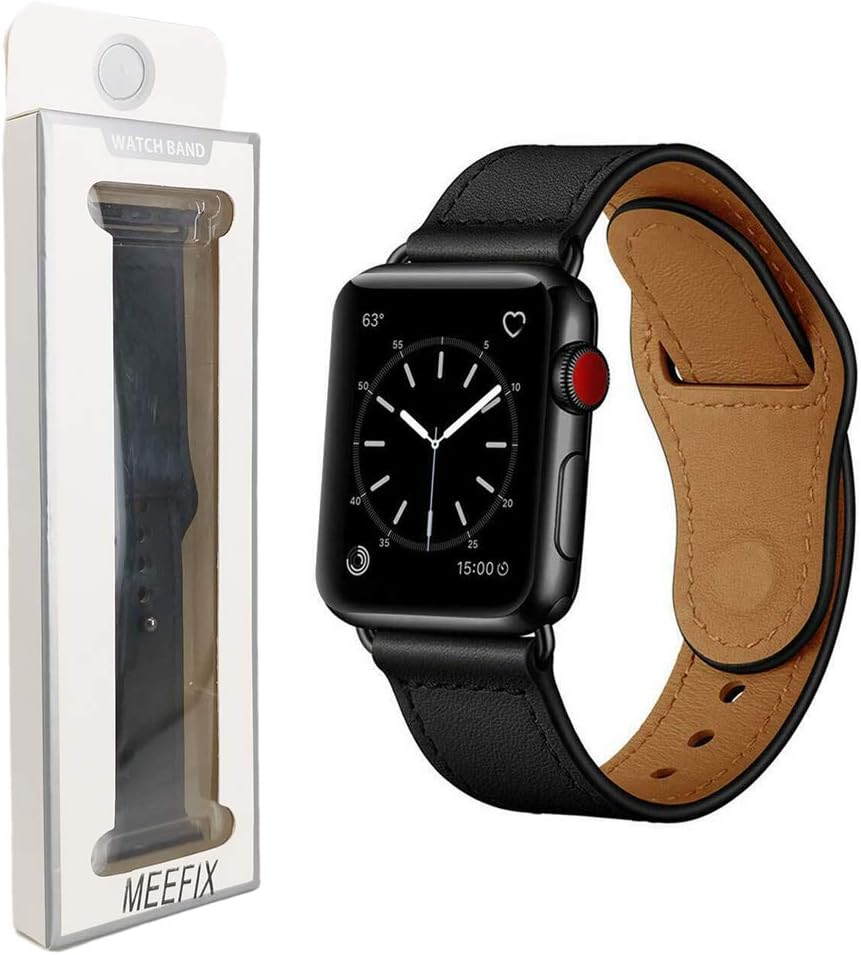 MEEFIXGenuine Stylish Leather Simpleness Strap Buckle Band Replacement for Apple Watch Series 4 3 2 1 (42/44mm, Black)
