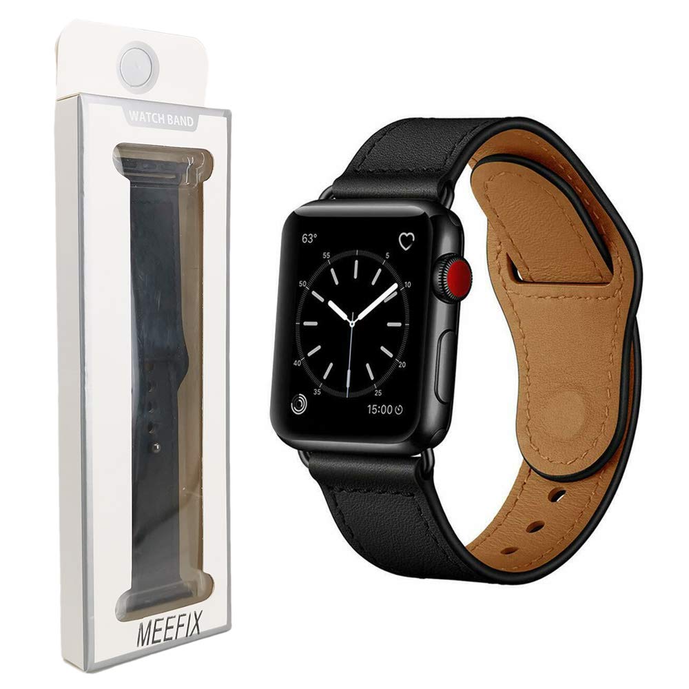 MEEFIXGenuine Stylish Leather Simpleness Strap Buckle Band Replacement for Apple Watch Series 4 3 2 1 (42/44mm, Black)