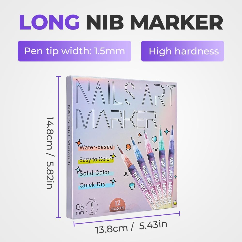 12 Colors Nail Art Pens Set, 0.5 MM DIY Nail Polish Markers Pens, Waterproof Acrylic Point Liner Set, Graffiti Dotting Pen, Manicure Tools Beauty Painting Kit for Home Salon