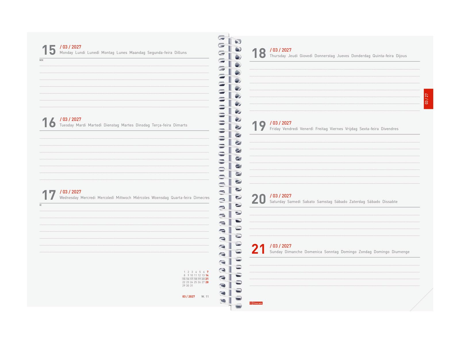 Finocam Espiral Weekly Planner 18-Month | Weekly View Horizontal Layout · July 2026 to December 2027 | Pretty · International - Week-to-view diary