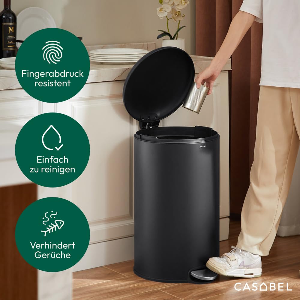 CASABEL runder Küchenabfalleimer 50L, Edelstahl, schwarz | Pedalöffnung, Soft-Close, fingerabdruckresistenter Edelstahl, Beutelhaltering, Tragegriff, pflegeleicht