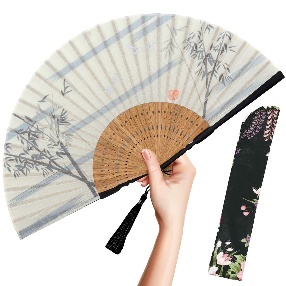 OMyTea Folding Hand Fan for Women - Foldable Chinese Japanese Vintage Bamboo Silk Fan - for Hot Flash, Church, EDM, Music Festival, Party, Dance, Performance, Decoration, Gift (White Bamboo Forest)