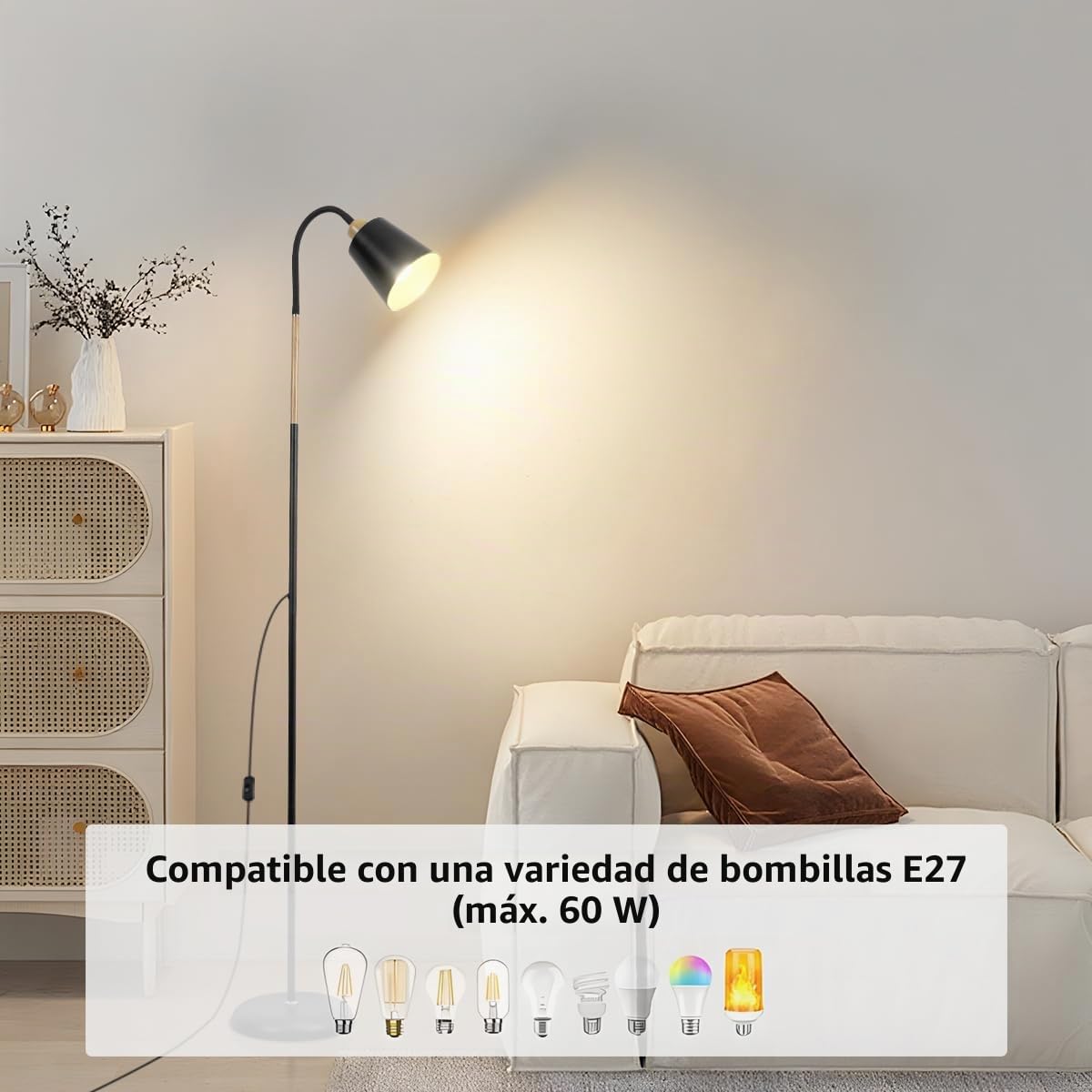 ANTENLICHT VILI | Lámpara de pie para salón y dormitorio, E27, orientable 360°, máx. 60 W, para lectura en sofá o dormitorio, lámpara de pie de metal negro de 159 cm (sin bombilla)
