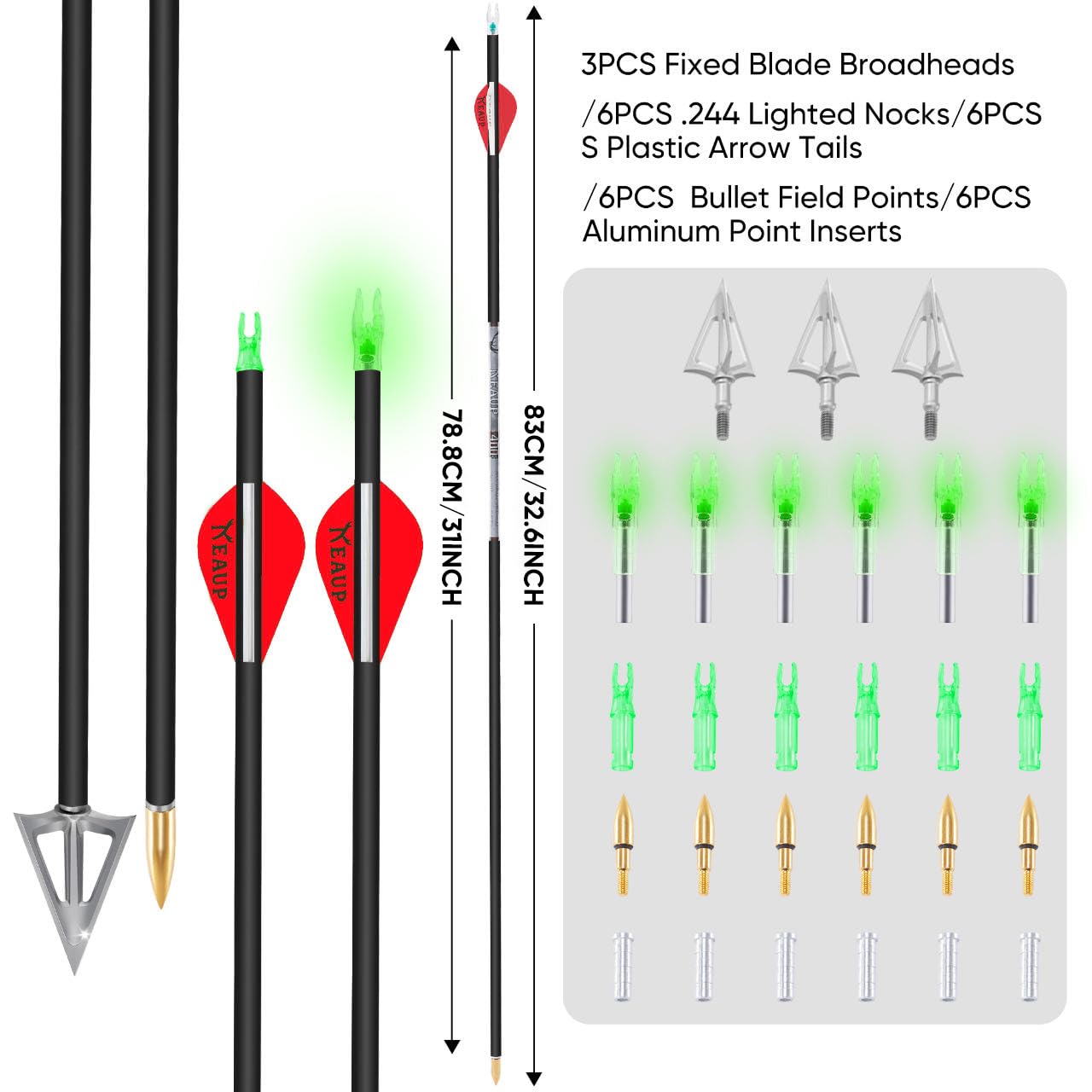 KEAUP 31 inch 100% Carbon Arrows and Broadheads .244/6.2mm Lighted Nocks Set, 6 Pack Hunting Compound Bow and Recurve Bow Shaft Spine 300/350/400/500 (Spine 350, Red)