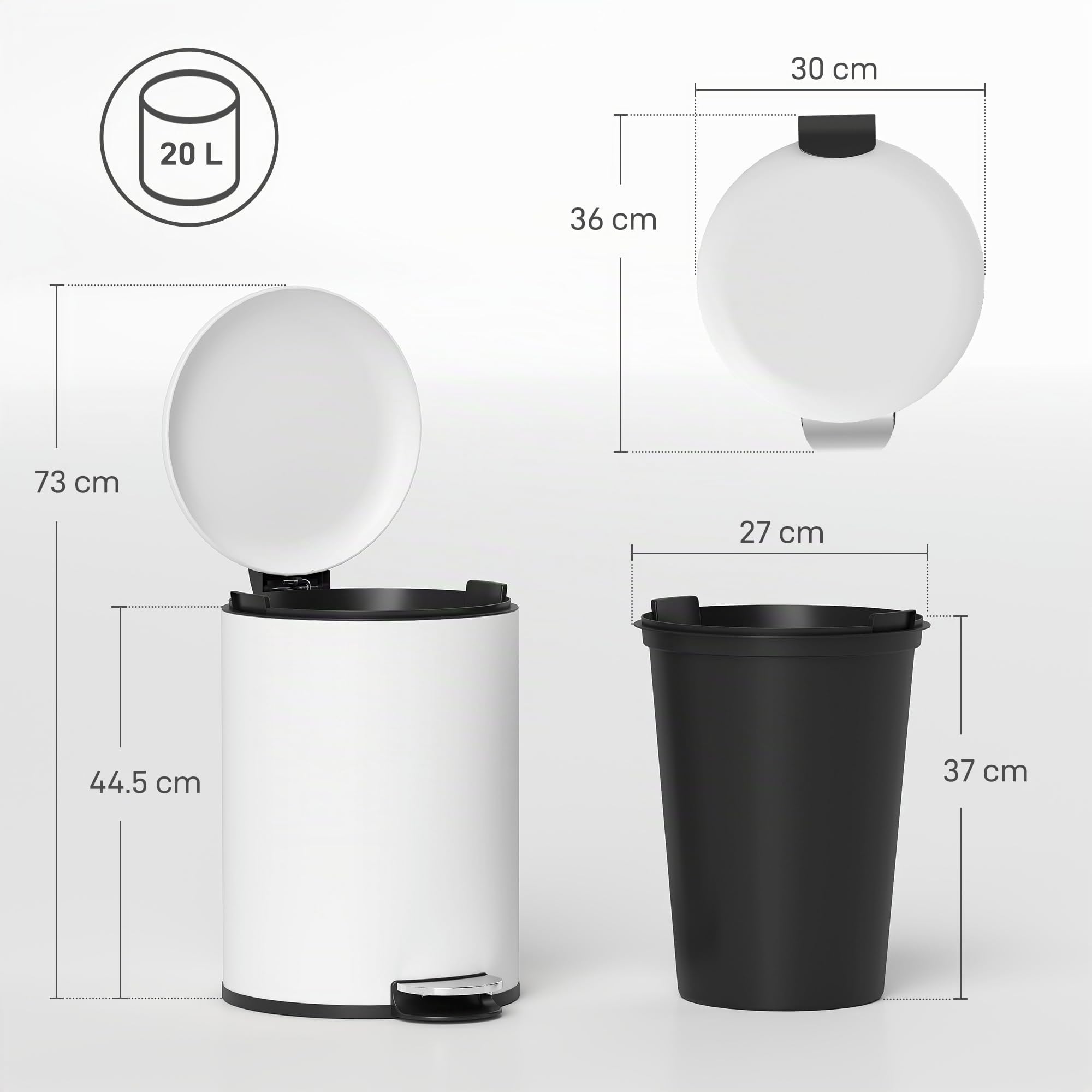 HOMCOM Bidone Immondizia a Pedale da 20L con Coperchio a Chiusura Morbida, Cestino Rifiuti in Metallo e PP, 36x30x44.5 cm, Bianco Crema