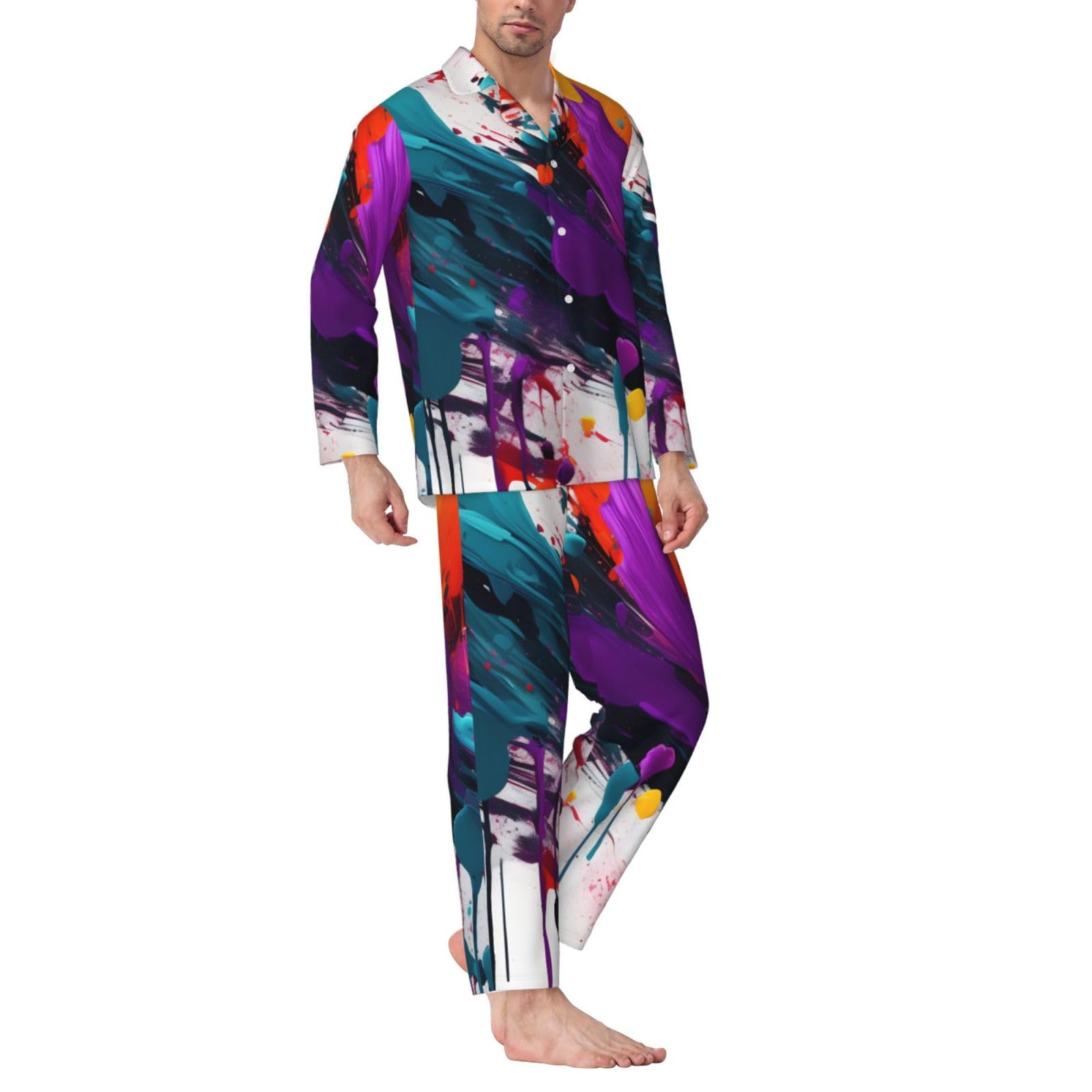 Herren-Pyjama-Set mit Farbspritzer-Druck, langärmelig, zweiteilig, Hauskleidung, bequeme Nachtwäsche