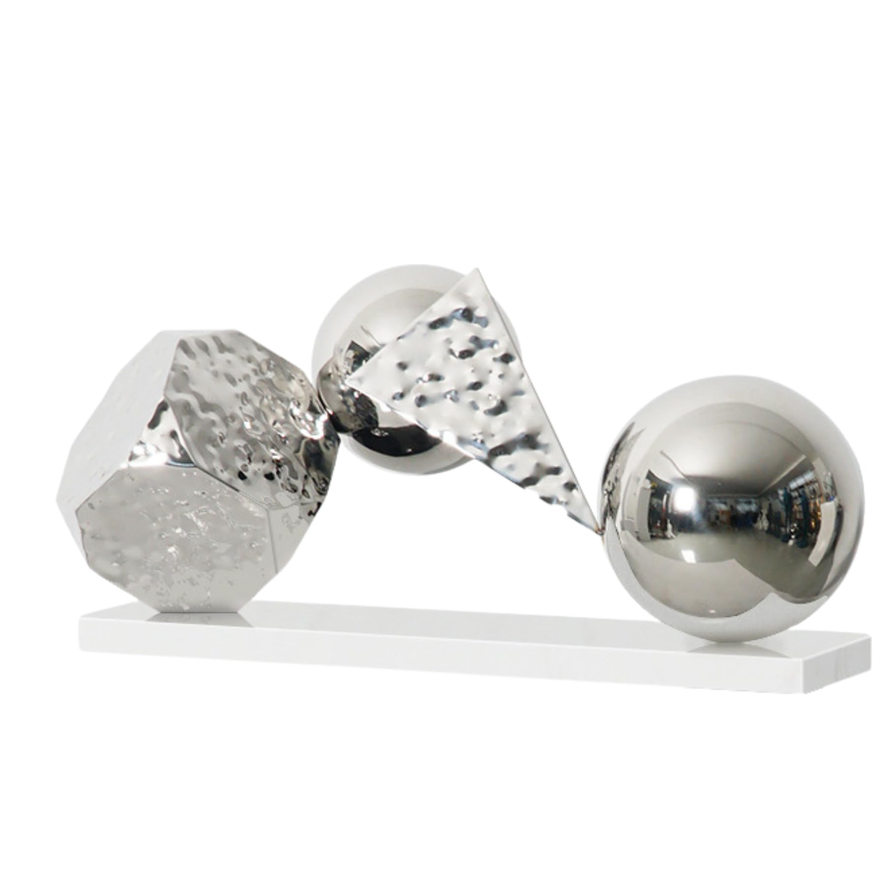 Aottsd L:22.8 In Silver / White Base Geometric Abstract Statue Stainless Steel Sphere Hexahedron Pyramid Villa Decor