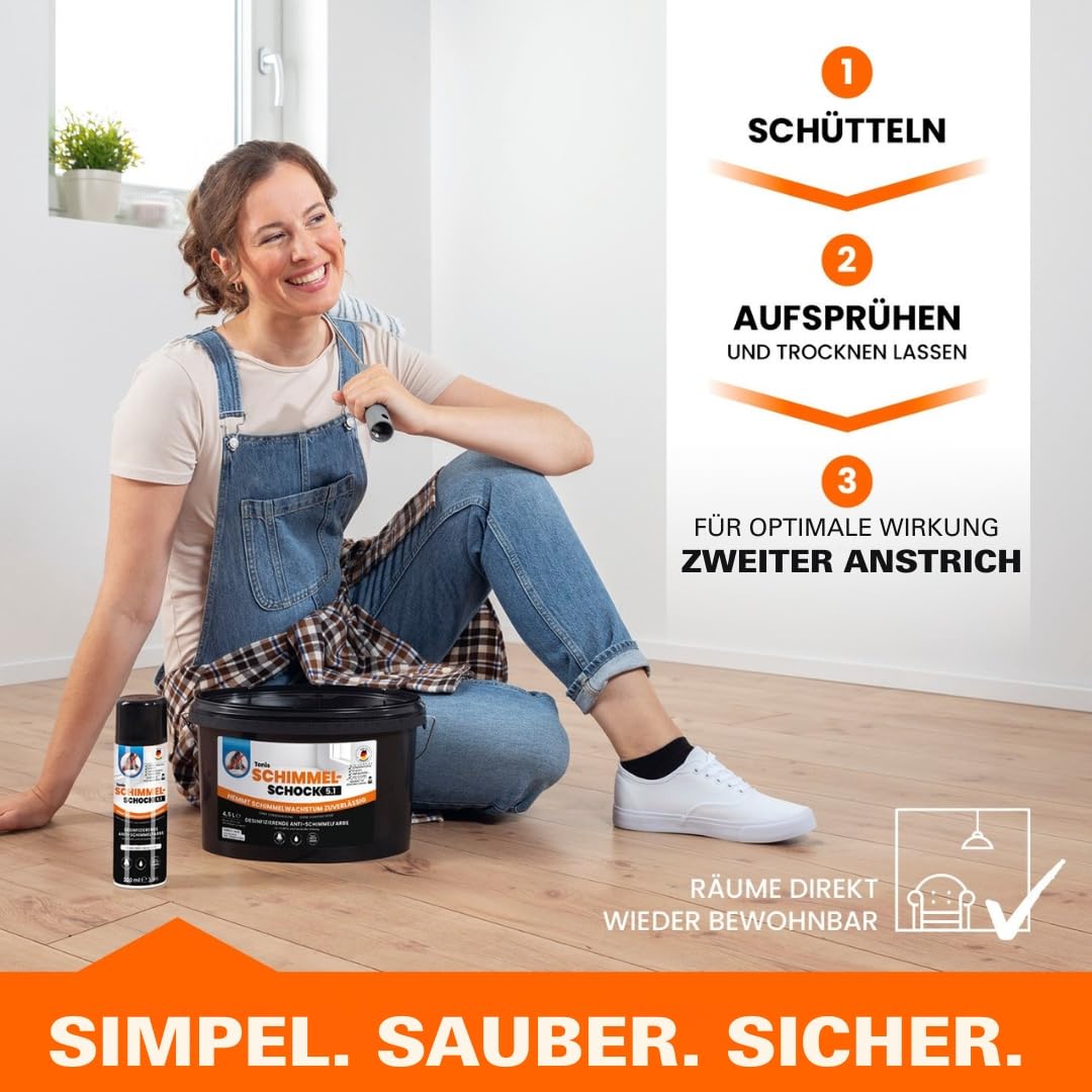 Tonis SCHIMMELSCHOCK 5.1 Anti-Schimmel-Farbe mit 99,999% antimikrobieller Wirkung | Sprühfarbe für ca. 1,5 m², wissenschaftlich nachgewiesene Sofortwirkung | Effektiv und zuverlässig