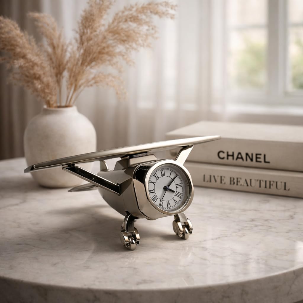 HindCraft Metal Aeroplane Table Clock for Home Decor | Vintage Airplane Analog Desk Clock with Roman Dial | Decorative Showpiece for Office Desk, Living Room & Gift Item-image-43