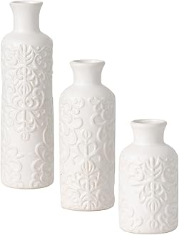 Sullivans Small White Embossed Ceramic Vase Set of 3, Matte Finish, Vases for Decor Modern Home Centerpieces, Mantle Tabletop for Living Room, Bedroom, Kitchen, Entryway Decor