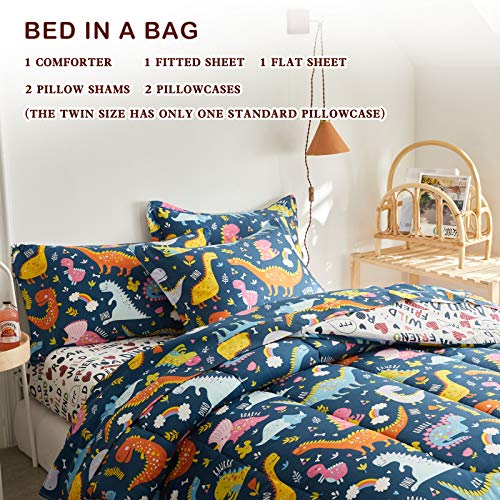 Joyreap 6 Piece Twin Size Bed In A Bag, Colorful Dinosaur On Navy Design, Microfiber Comforter Set For Kids Boys N Girls (1 Comforter, 2 Pillow Shams, 1 Flat Sheet, 1 Fitted Sheet,1 Pillowcase) #TOP2