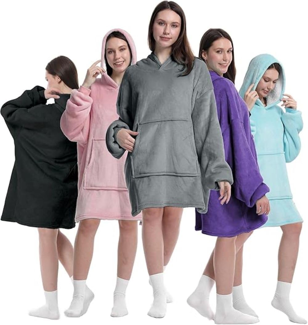 Wearable Blanket Hoodie, Oversized Hoodie for Women and Men, Thick and Ultra Soft Flannel Sherpa Blanket with Sleeves and Giant Pocket, Grey