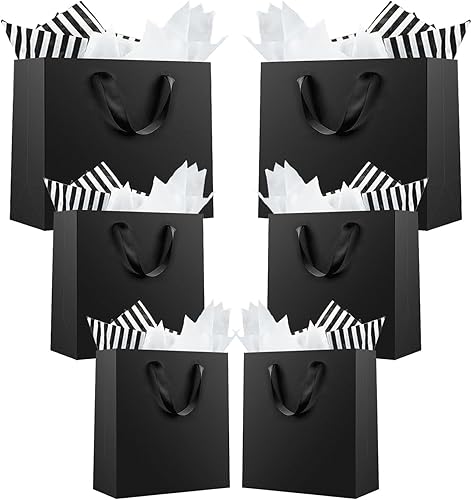 Offizon 12 bolsas de regalo negras, bolsas de regalo con papel de seda (4 pequeñas de 6 pulgadas, 4 medianas de 8.7 pulgadas, 4 grandes de 12.6