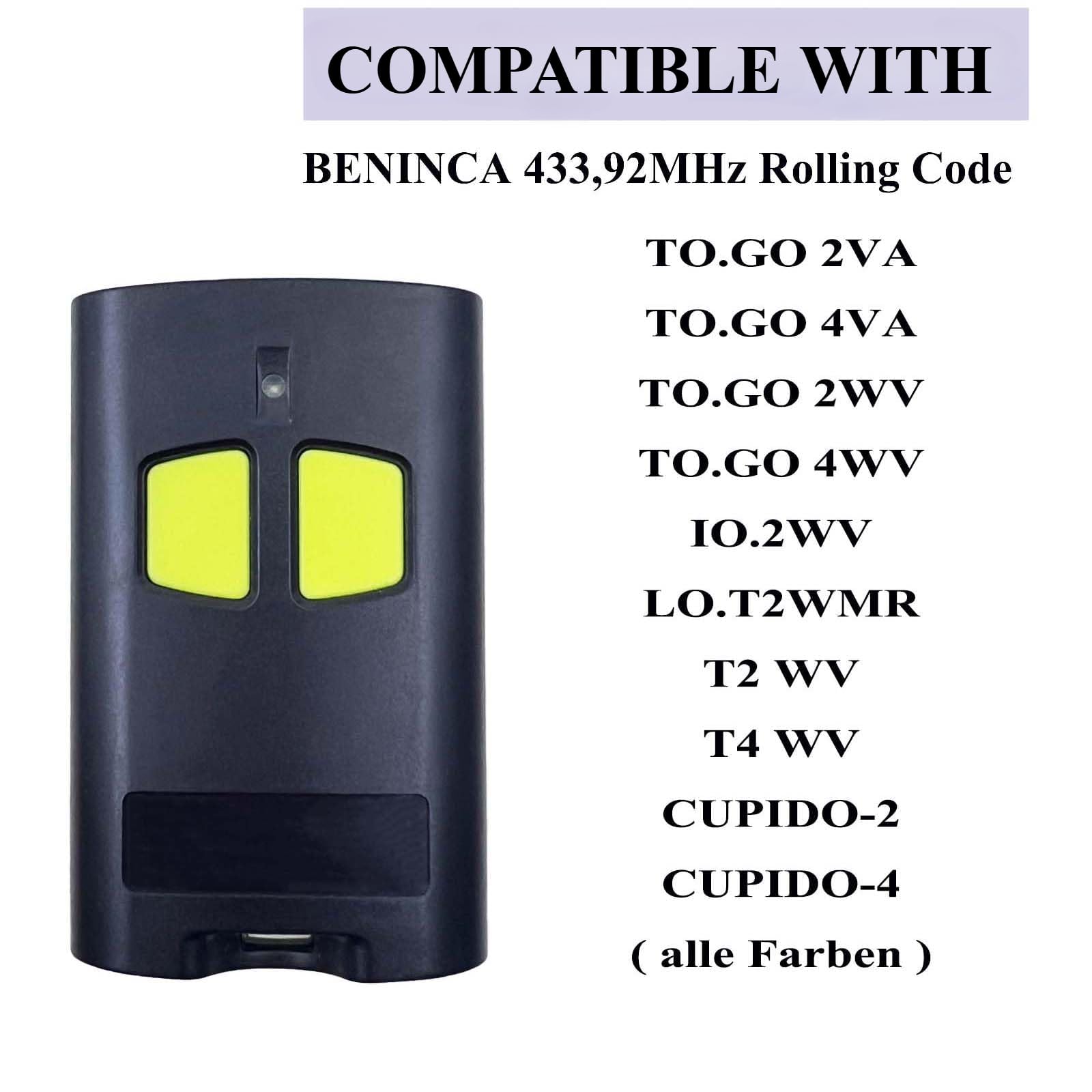 433.92mhz BENINCA Garage Door Opener Remote, Electric Gate Fob, BENINCA Gate Remote Control Key Fob for Car Garage Door Gate BENINCA TO GO 2WV 4VA 4VA (2pcs)