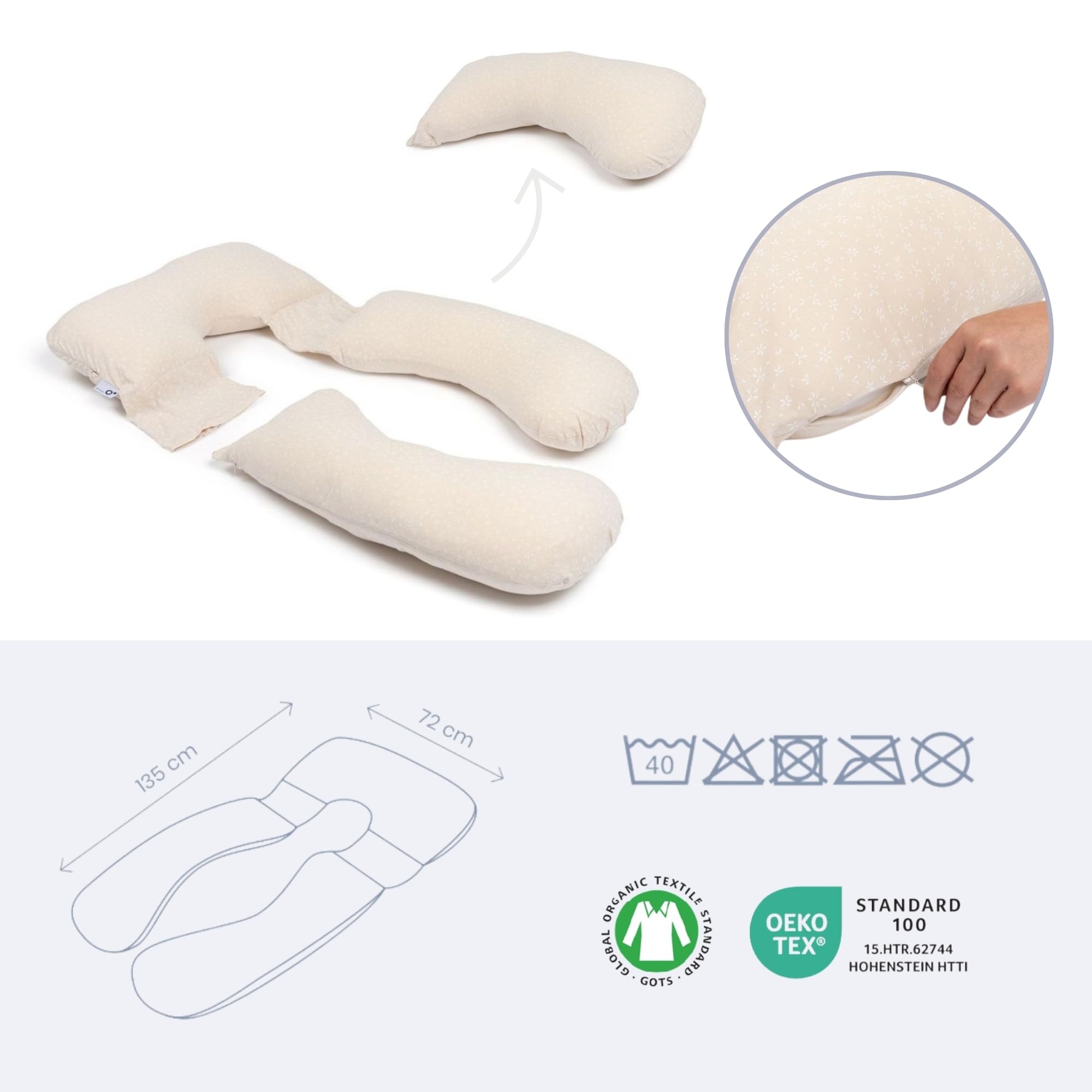 doomoo Almohada XXL, cojín de Embarazo y Lactancia, Algodón Ecológico y Certificado Oeko-Tex, Made in Europe, evolutivo con Cojín Pequeño Desmontable, Mini Flowers Sand