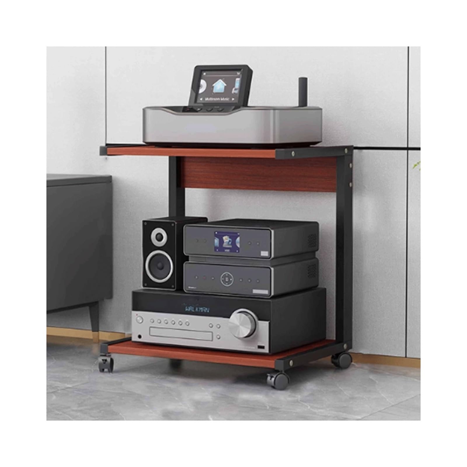 Nowoczesny 2-poziomowy stojak na media AV, drewniany stojak HiFi z kółkami, szafka stereo na sprzęt audio-wideo, konsola do gier i półka rozrywkowa, stylowe meble domowe