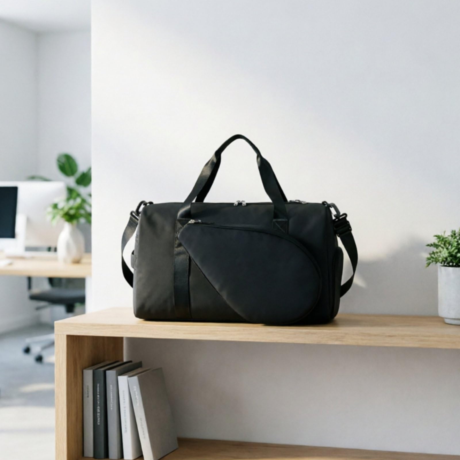 Funda para Equipo Deportivo Bolsa Deportiva Bolso de Gimnasio Bolso de Viaje Mochila de Ráqueta con Bolsillo para Calzado Ventilado y Asa de Mano, Array, Negro