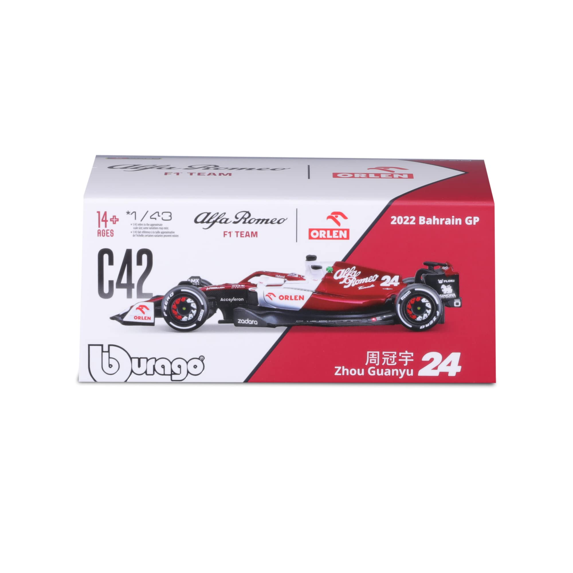 Bburago Alfa Romeo F1 Team Orlen C42 (2022): Modellauto im Maßstab 1:43, #24 Guanyu Zhou, mit Fahrer, Hardcase, rot-weiß (18-38068Z)