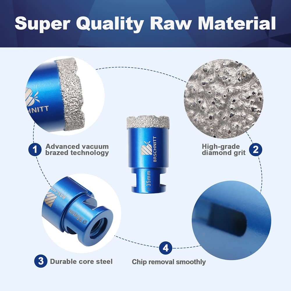 Punta per Trapano Diamantata 35mm- BRSCHNITT Vacuum Brasato Foretto Diamantato con Filettatura M14 per Porcellana Piastrella Granito Marmo Taglio a Secco.