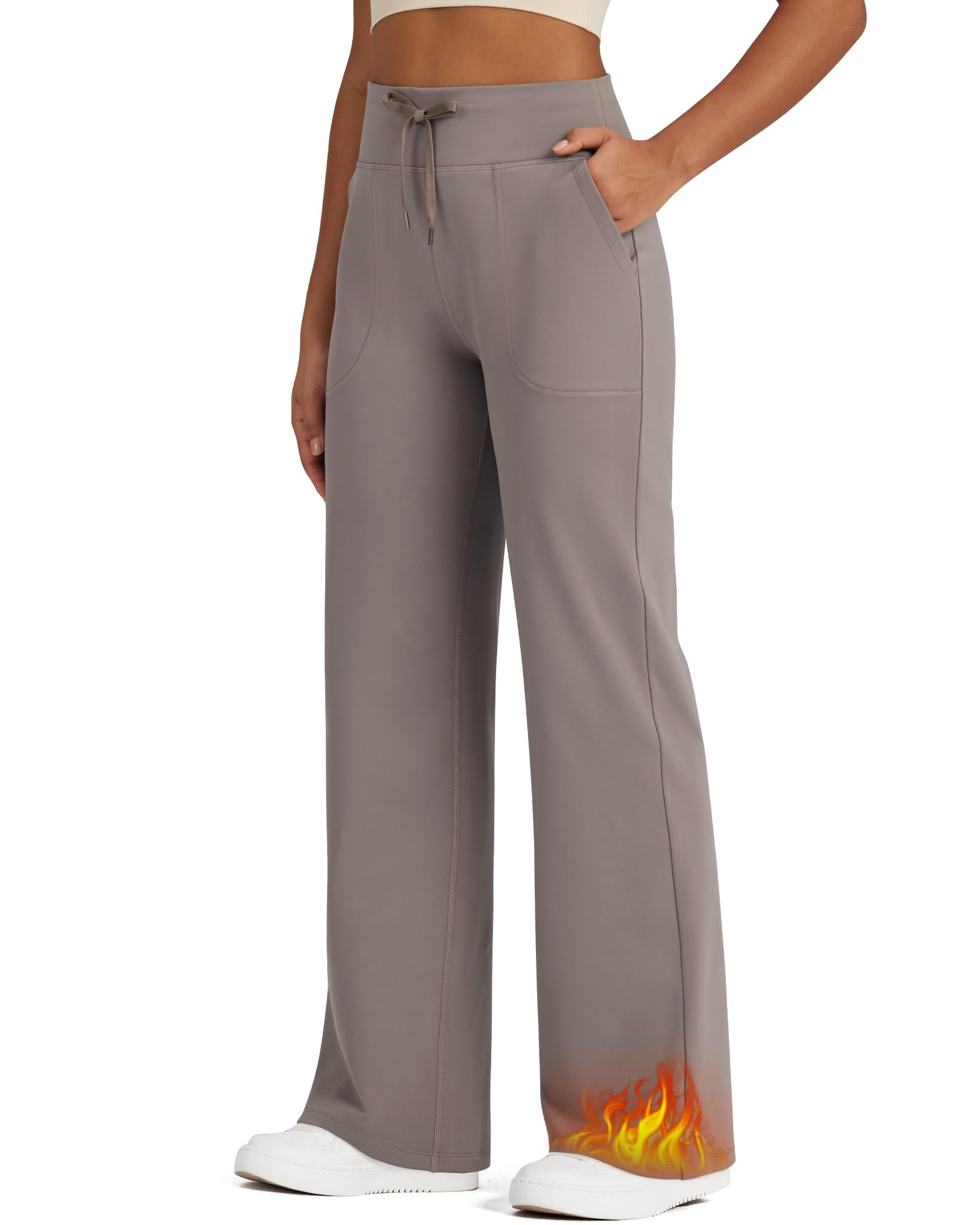G4Free Wide Leg Fleece Lined Pants Women Drawstring Waist Winter Work Pants with Pockets for Casual Office