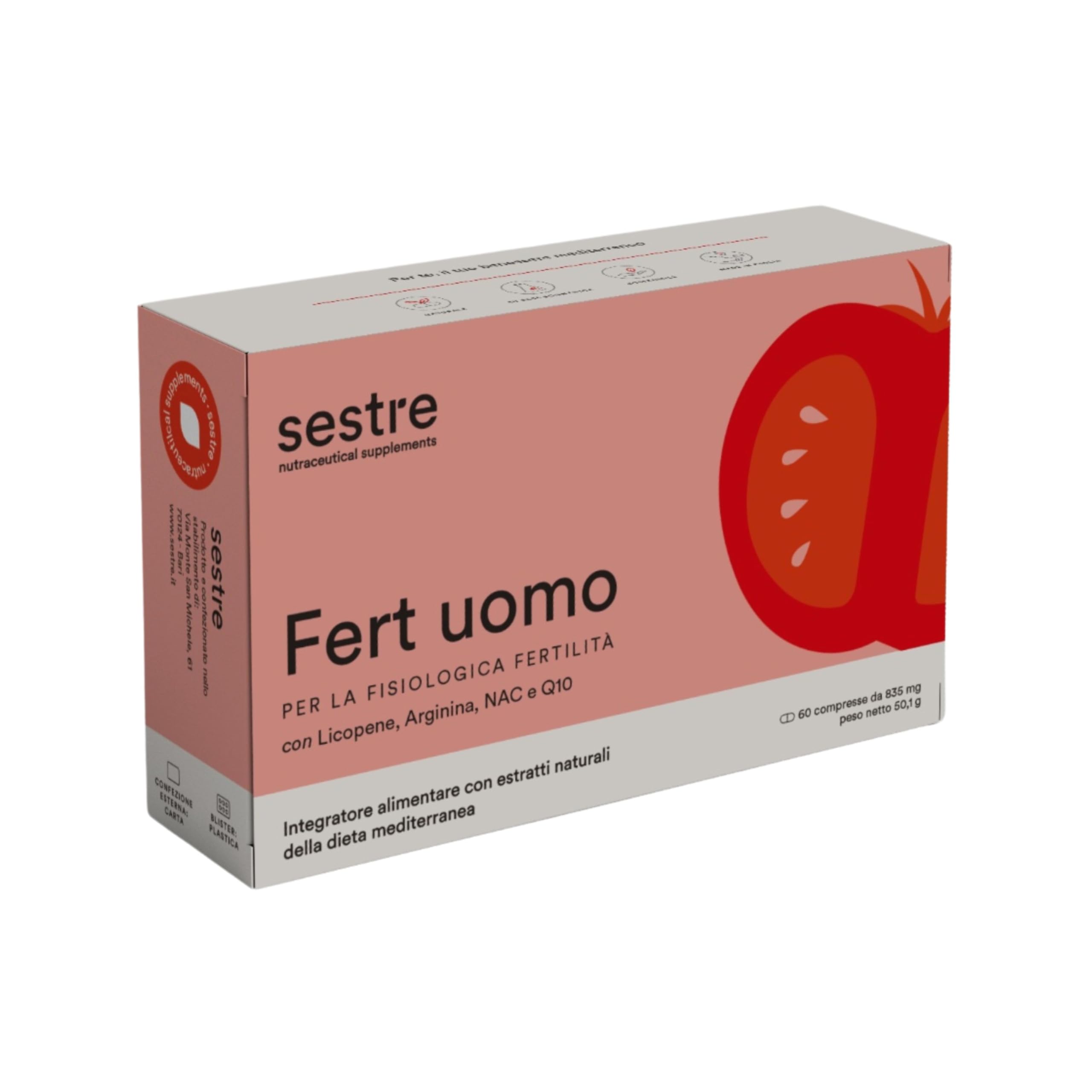 Sestre Fert Uomo, Integratore per la Fertilità Maschile, Aiuta a Mantenere Normali i Livelli di Testosterone, con Licopene, Selenio, Zinco e Altri Attivi Nutraceutici, 60 Compresse