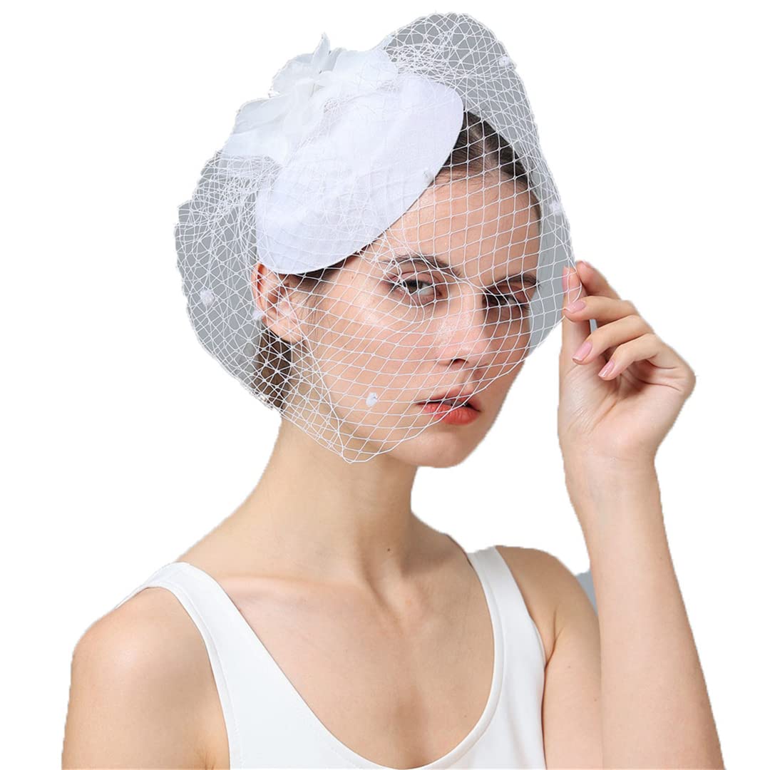 FBHappiness Women Fascinator With Face Veil Wedding Headwear Bride Headpece Hair Clip Headband Party Fedora Cap,Feather Flower Hair Clip(White)