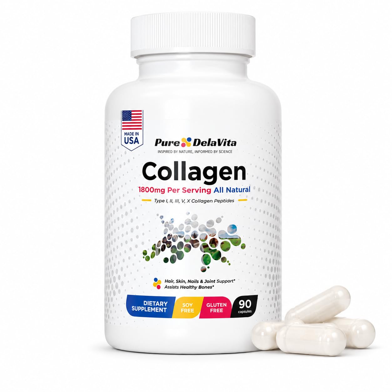 Multi Collagen 1800mg, 5 Types, 90 Capsules for Women & Men