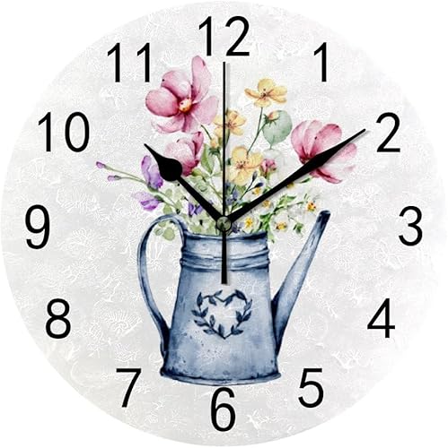 Reloj de pared para decoración de sala de estar, flores silvestres, hojas de margarita, PVC, 9.8 pulgadas, para colgar, redondo, silencioso, sin