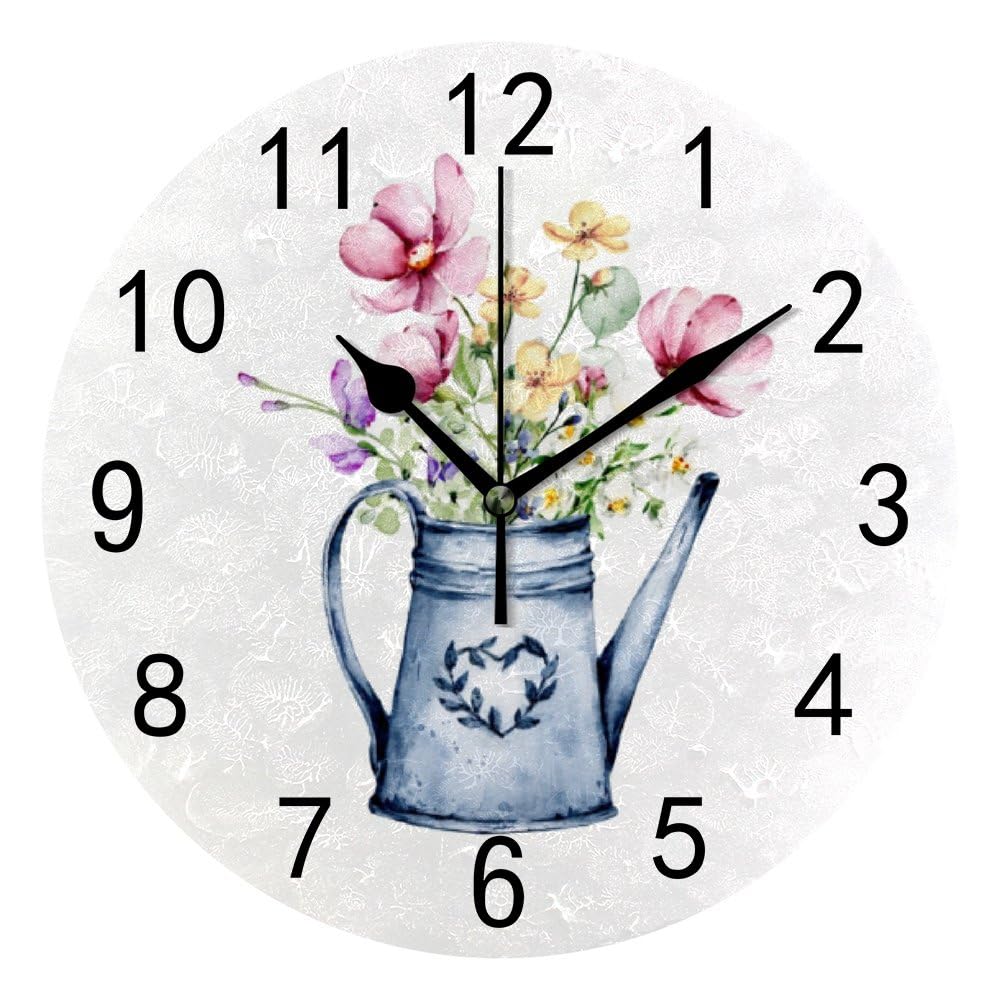 Wall Clock for Living Room Decor Wildflowers Leaves Little Daisy PVC 9.8 Inch Hanging Round Desk Clocks Silent Non-Ticking Battery Operated Easy to Read Bathroom Kitchen Office