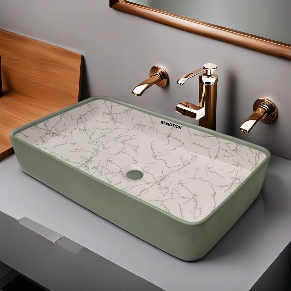 REMOTION Designer Table Top Wash Basin For Bathroom | Ceramic Bathroom Sink | Wash Basin Over Counter Bathroom Basin (24 x 14 x 4 Inch) (LightGreen N White SL 64) (B0CQ5CD44T) Amazon Price History, Amazon Price Tracker