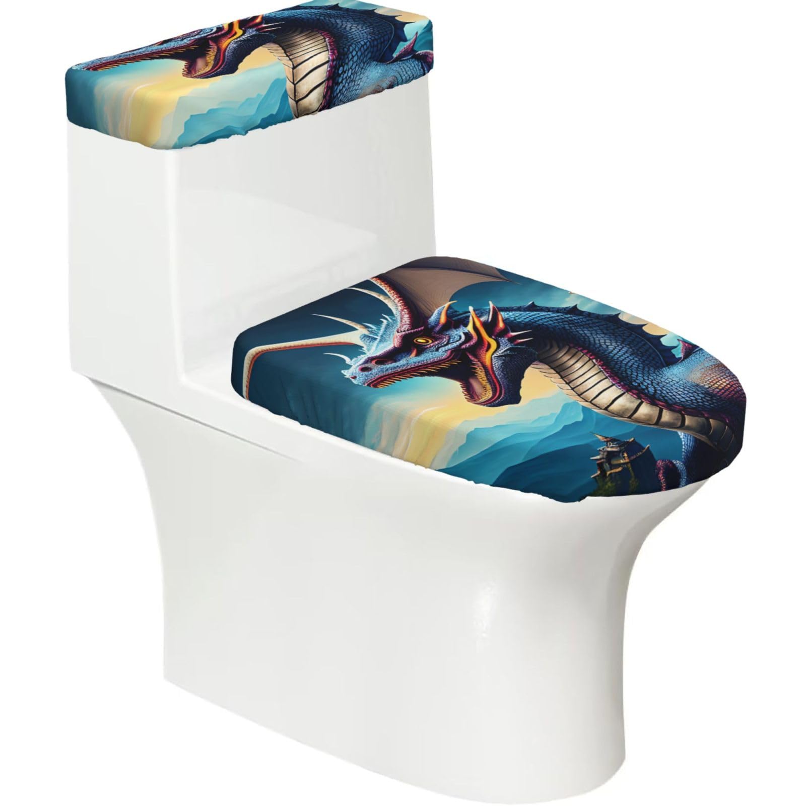 Cntdbu Black Roaring Dragon Stretchy Toilet Lid And Tank Cover Set-Soft Elastic Bathroom Decor For U Shape Oval
