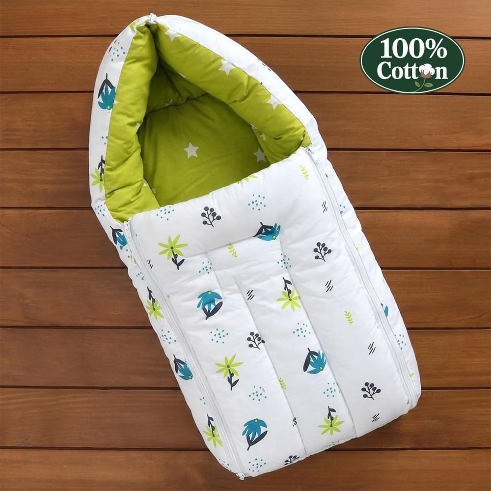 Kridlo 3-in-1 Baby Sleeping Bag & Carry Nest Combo - Blue Daisy, Unisex + 100% Cotton Swaddle Wrap, Teal Dancing Deer 0-3 Months - Breathable & Skin-Friendly Newborn Bedding Set