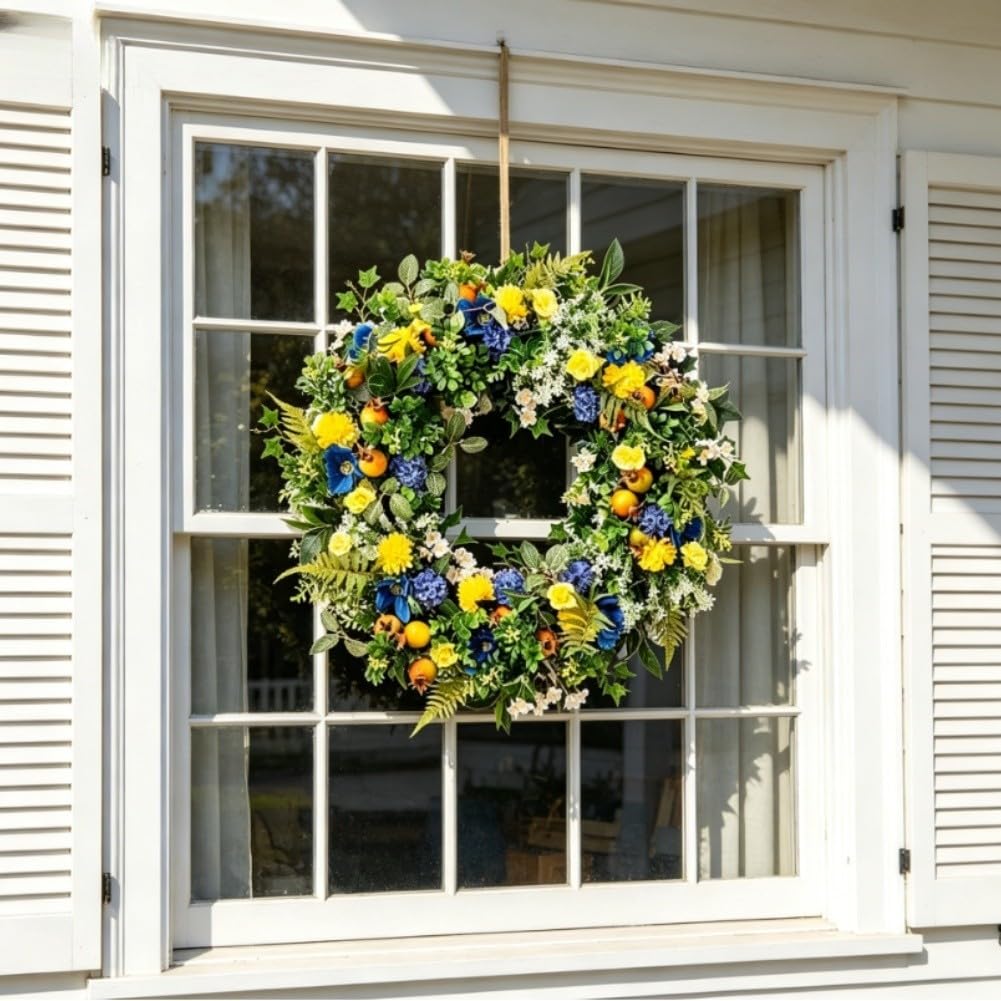 KiraKira Couronne de printemps verte et bleue de 45 cm, guirlande de fleurs artificielles en soie pour porte, mur, intérieur, extérieur, décoration saisonnière