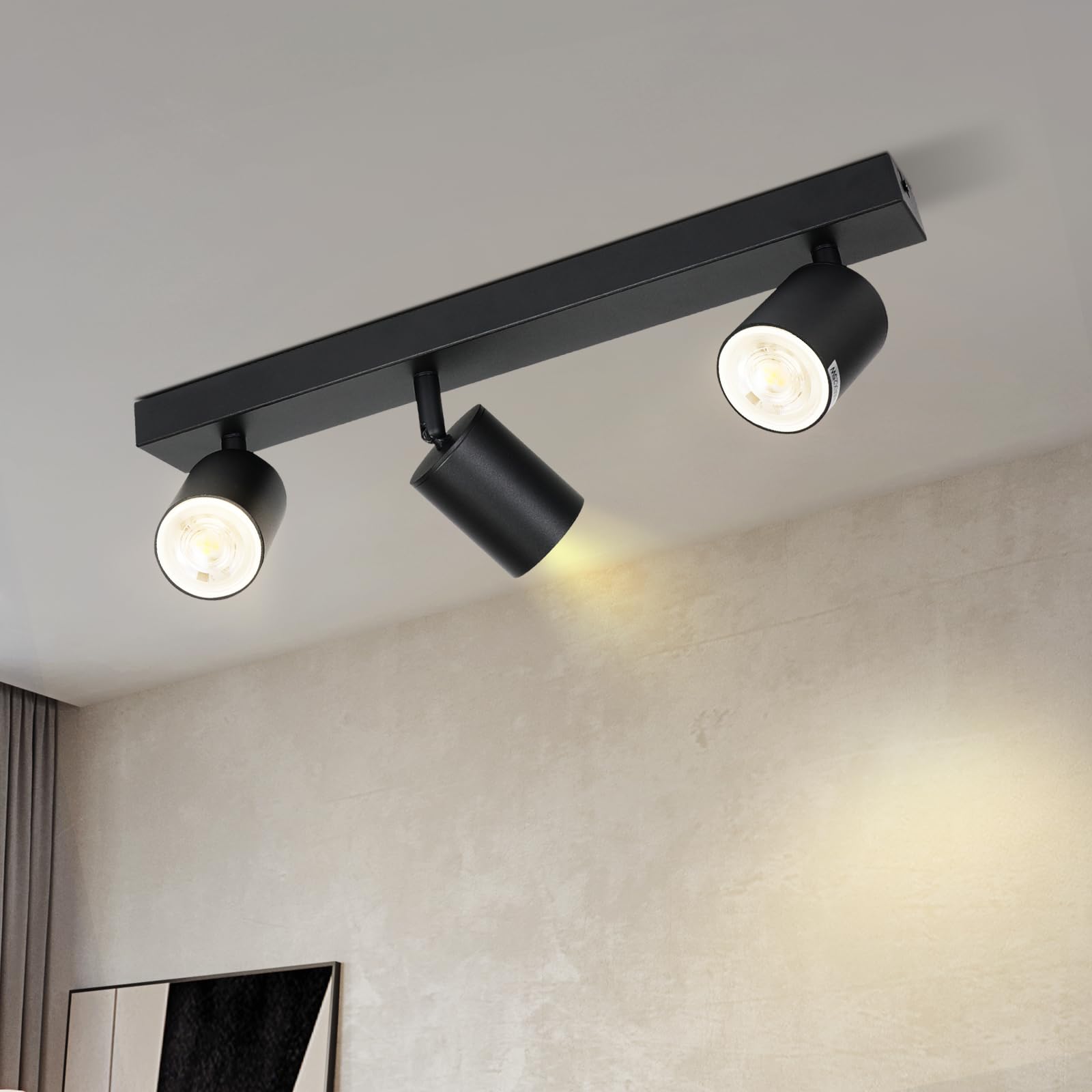 Black Adjustable Spotlight Ceiling Light – LED 3 Spotlights GU10 Indoor Light Living Room Kitchen Corridor Without Bulbs, Straight Base