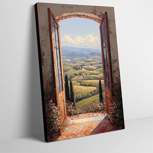 Warm Vintage Tuscan Landscape Through Open Door Canvas Wall Art