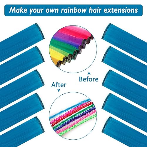 Miniatura 3 de Extensiones de cabello sintético con clip de color de 20 pulgadas, 10 piezas de cabello lacio para fiesta, color azul marino