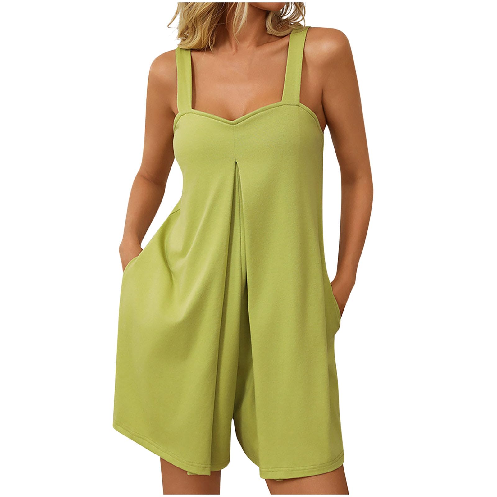 AEGJEGVD Combinaison Femme Été sans Manches Casual Combishort Femme Bretelles Spaghetti Réglables Salopette Short Chic et Élégant Jumpsuit Loose Playsuit avec Poches Décontracté Plage Rompers