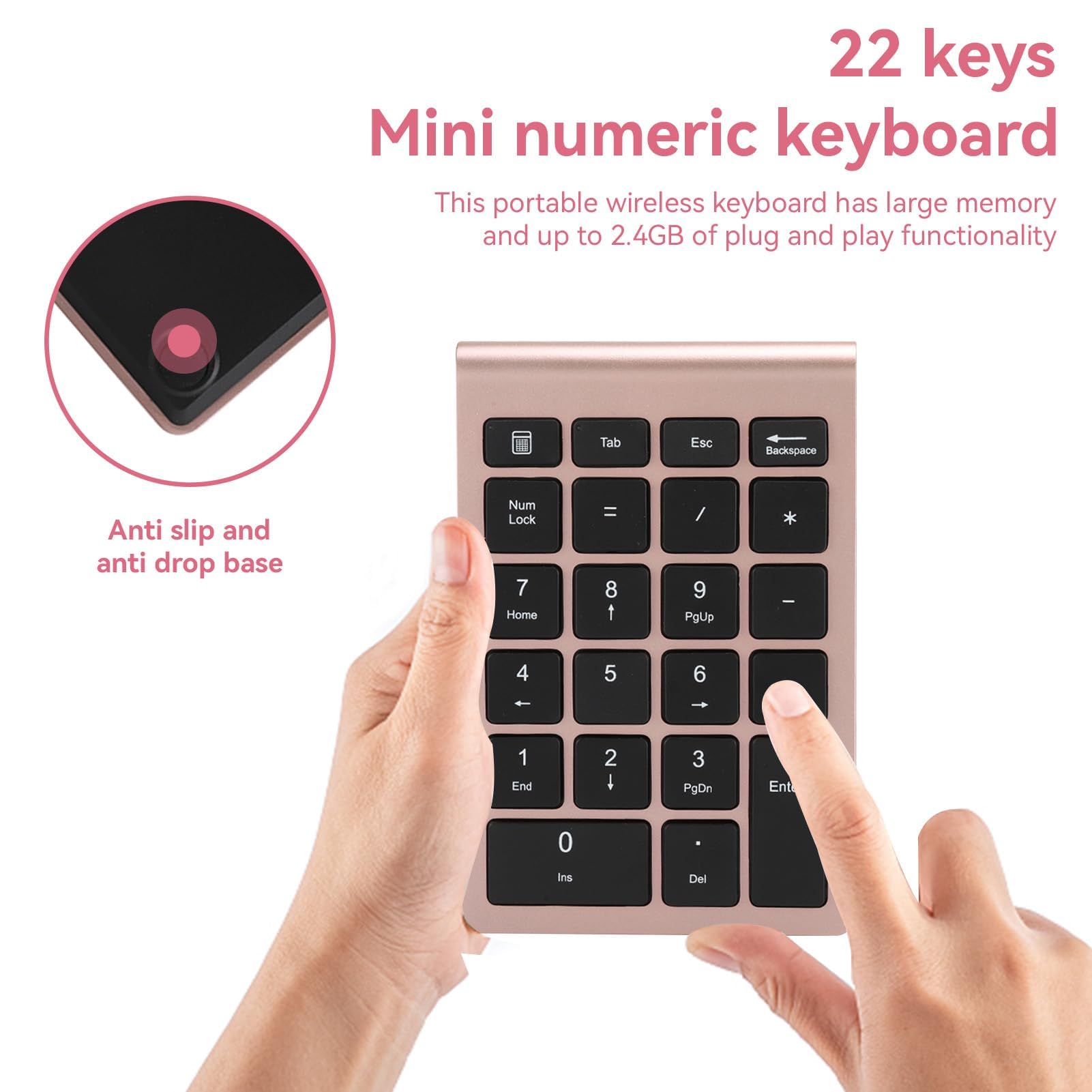 Agatige Mini Teclado Numérico de 22 Teclas, Teclado Numérico Inalámbrico Portátil de 2.4G con Receptor USB para Computadora de Escritorio Portátil Entrada de Datos de Acceso Directo a PC(Oro Rosa)