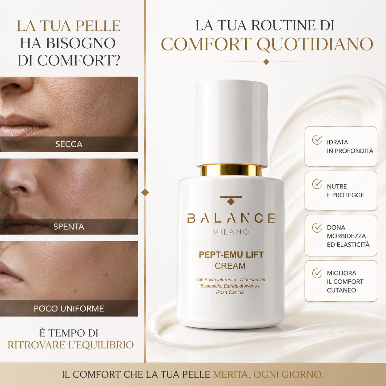 Crema Viso Idratante Acido Ialuronico e Niacinamide - Made in Italy - 50ml | Crema Illuminante Viso Rosa Canina e Avena - Anti Age a Rapido Assorbimento - Tutti Tipi di Pelle - Skin Care BALANCE MILANO