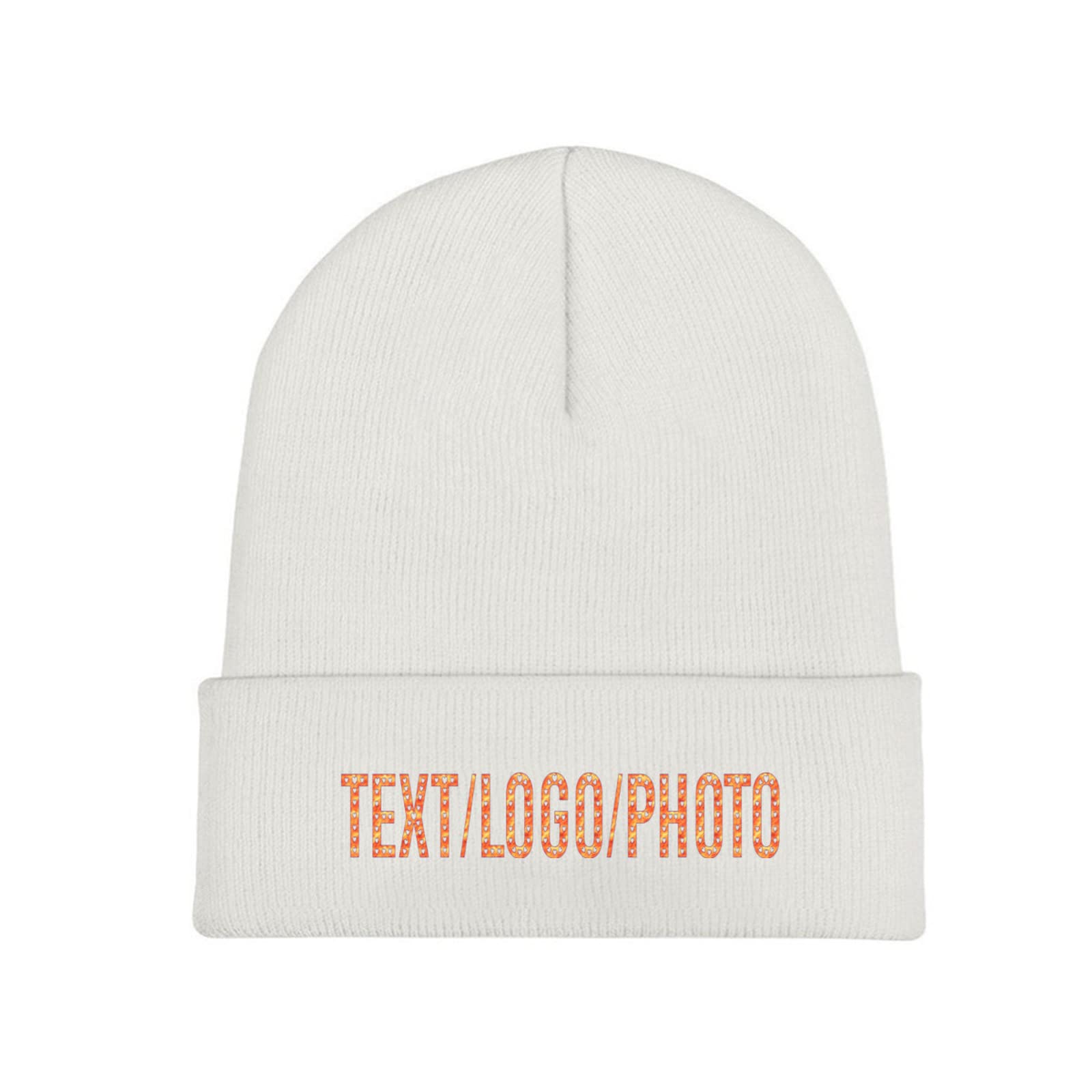 Miujonvy Unisex White Design Knitted Hat For Men Women Customized Image With Text Cuffed Beanie Hat