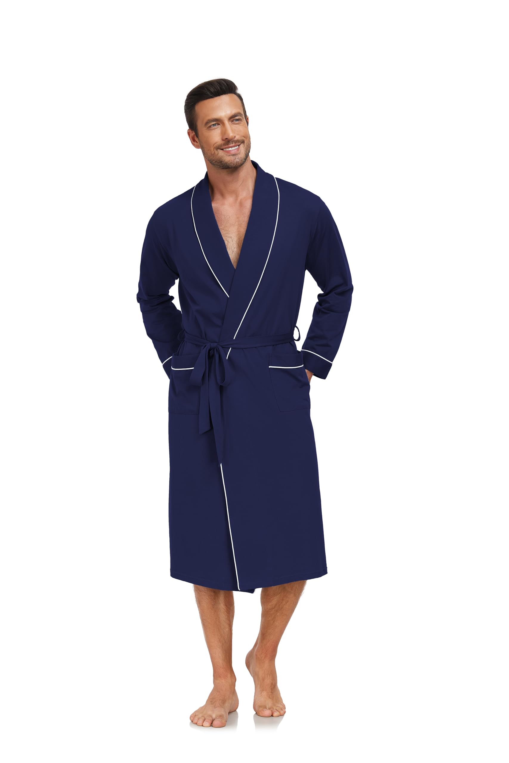 EA'S SECRET Herren Bademantel 100% Baumwolle Leichter Strick-Spa-Bademantel für Sommer Langes Schlafgewand mit Taschen klassischem Schalkragen